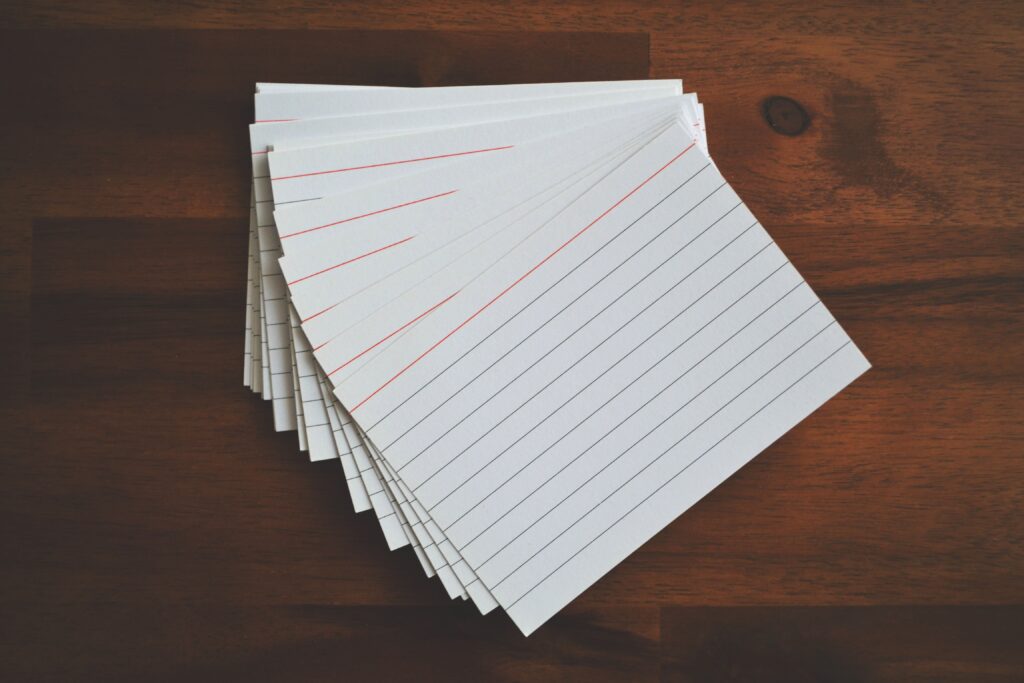 note cards on table